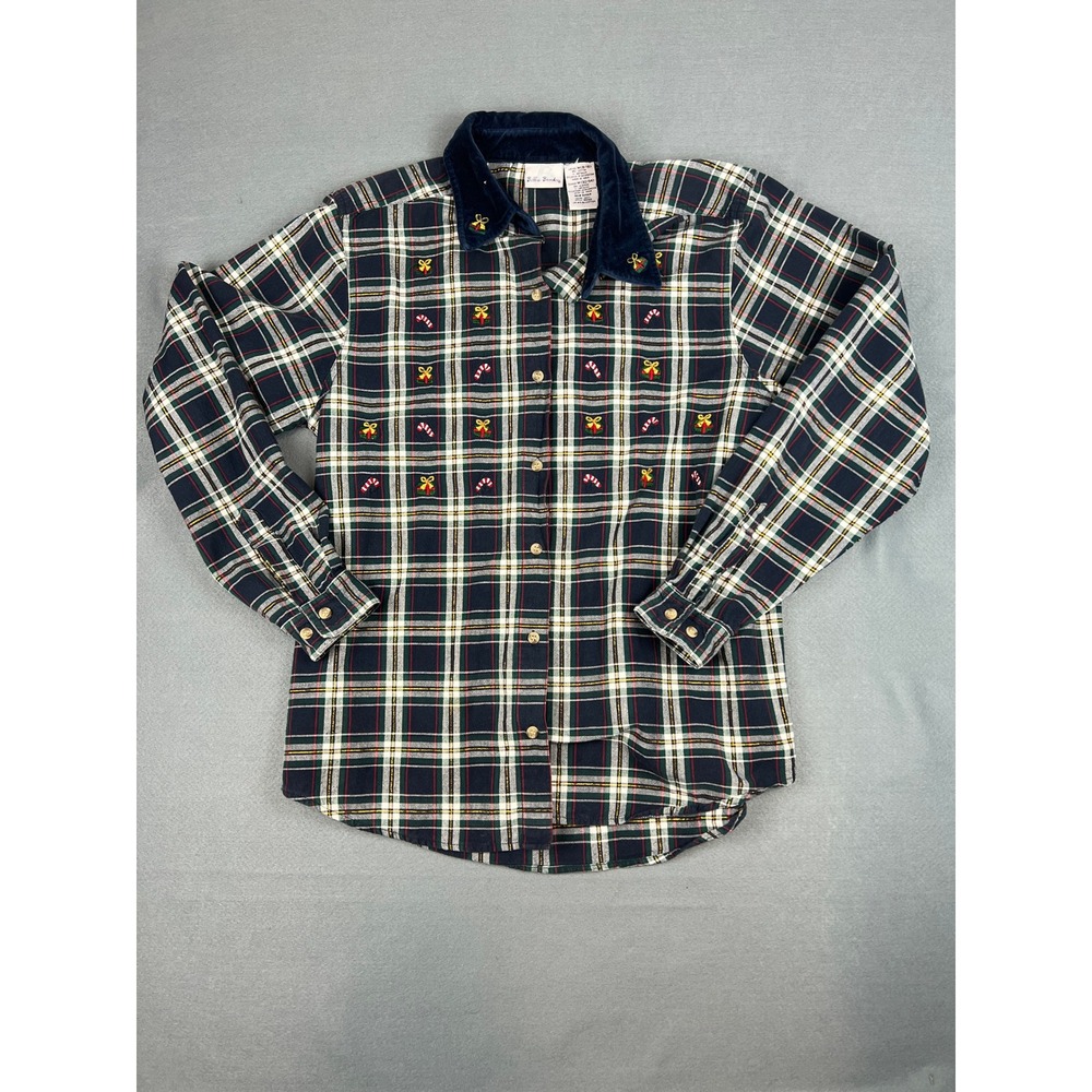 Vintage Christmas Plaid Shirt Holiday Retro Cottagecore Navy Cotton M